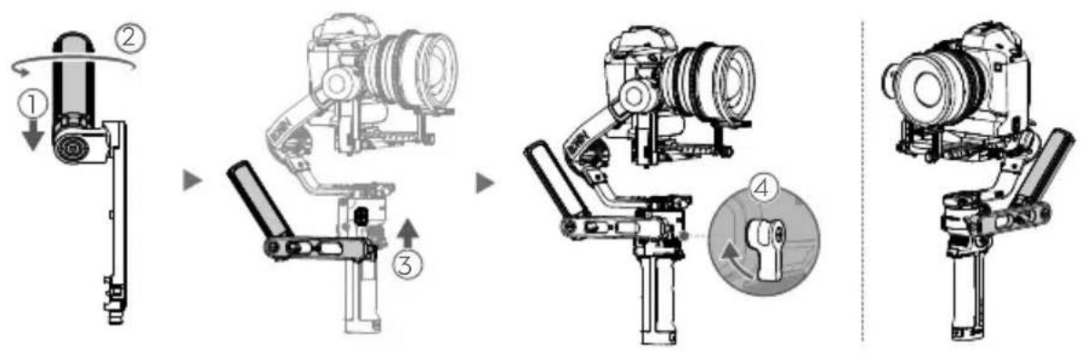 Technical diagram showing four sequential steps of a camera assembly with labeled components and directional arrows.