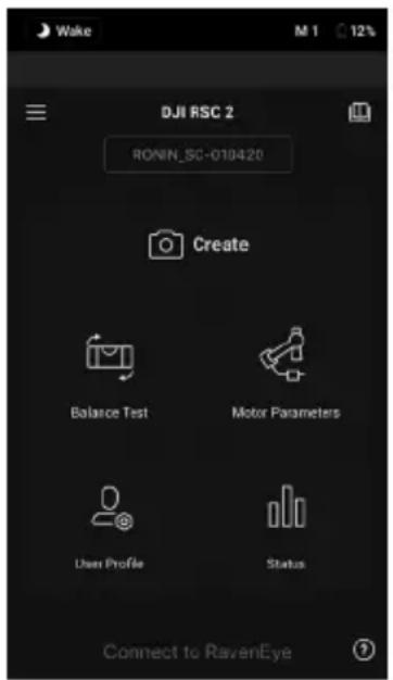 Wake M 1 12% DJI RSC 2 RONIN_SC-010420 Create Balance Test Motor Parameters User Profile Status Connect to RavenEye