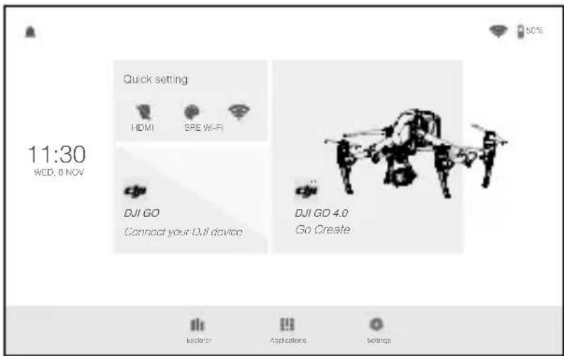 11:30 WED, 8 NOV Quick setting HDMI SPE Wi-Fi DJI GO Connect your DJI device DJI GO 4.0 Go Create Explorer Applications Settings