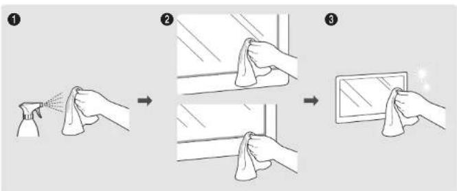 Diagram illustrating three-step cleaning process: spray, window inspection, and screen capture with visible brush.