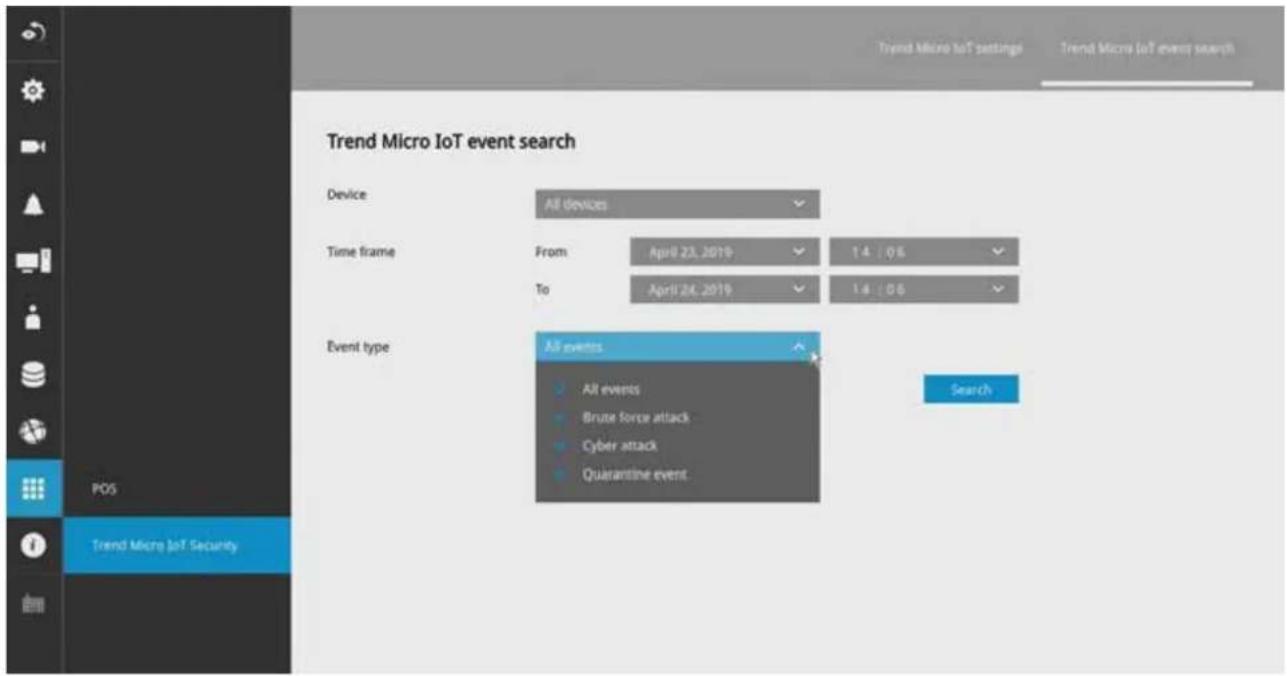 Trend Micro IoT settings Trend Micro IoT event search Trend Micro IoT event search Device All devices Time frame From April 23, 2019 14:06 To April 24, 2019 14:06 Event type All events All events Brune force attack Cyber attack Quarantine event. Search POS Trend Micro IoT Security
