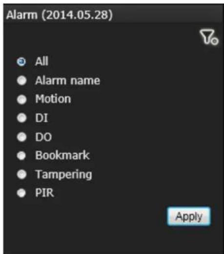 Alarm (2014.05.28) All • Alarm name • Motion • DI • DO • Bookmark • Tampering • PIR Apply