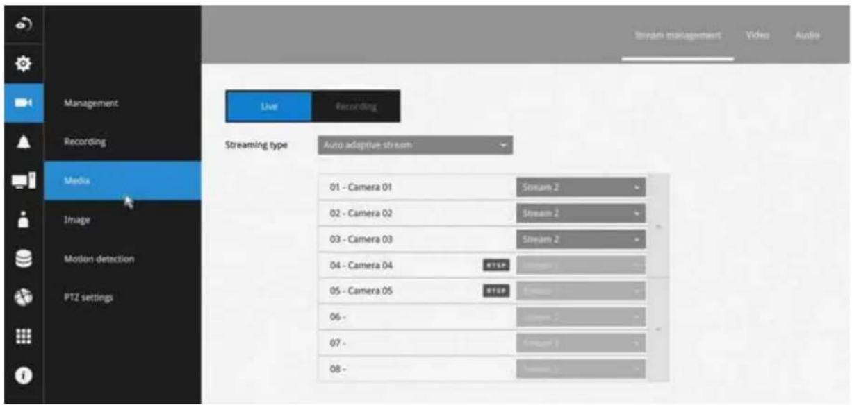 Stream management Video Audio Live Recording Streaming type Auto adaptive stream Media Image Motion detection PTZ settings 01 - Camera 01 02 - Camera 02 03 - Camera 03 04 - Camera 04 05 - Camera 05 06 - 07 - 08 -