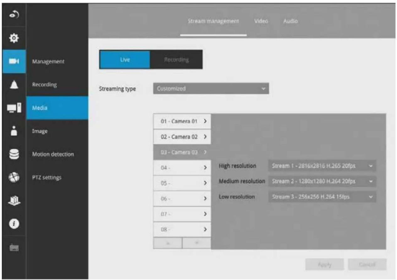 Stream management Video Audio Management Live Recording Recording Media Streaming type Customized 01 - Camera 01 > 02 - Camera 02 > 03 - Camera 03 > 04 - > 05 - > 06 - > 07 - > 08 - > High resolution Stream 1 - 2816x2816 H.265 20fps Medium resolution Stream 2 - 1280x1280 H.264 20fps Low resolution Stream 3 - 256x256 H.264 15fps Apply Cancel
