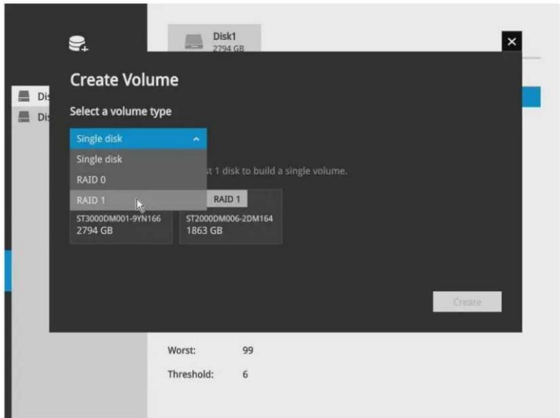 Create Volume Select a volume type Single disk Single disk RAID 0 RAID 1 ST3000DM001-9YN166 2794 GB RAID 1 ST2000DM006-2DM164 1863 GB Worst: 99 Threshold: 6