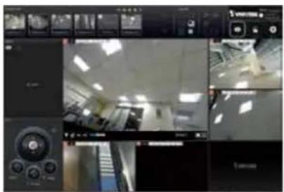 Security camera interface screenshot showing multiple video feeds and control panels with security camera images