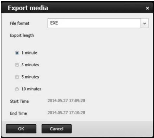 Export media File format EXE Export length 1 minute 3 minutes 5 minutes 10 minutes Start Time 2014.05.27 17:09:20 End Time 2014.05.27 17:10:20 OK Cancel