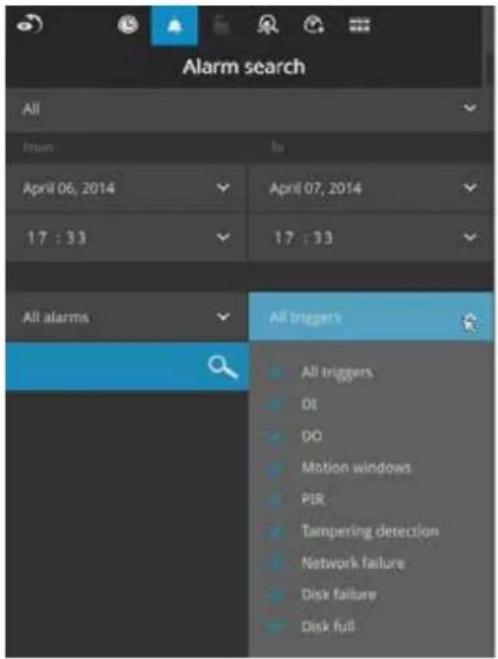 Alarm search All from April 06, 2014 17 : 33 April 07, 2014 17 : 33 All alarms All triggers All triggers DI DO Motion windows PIR Tampering detection Network failure Disk failure Disk full