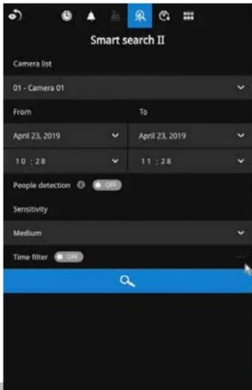 Smart search II Camera list 01 - Camera 01 From To April 23, 2019 April 23, 2019 10 : 28 11 : 28 People detection Sensitivity Medium Time filter