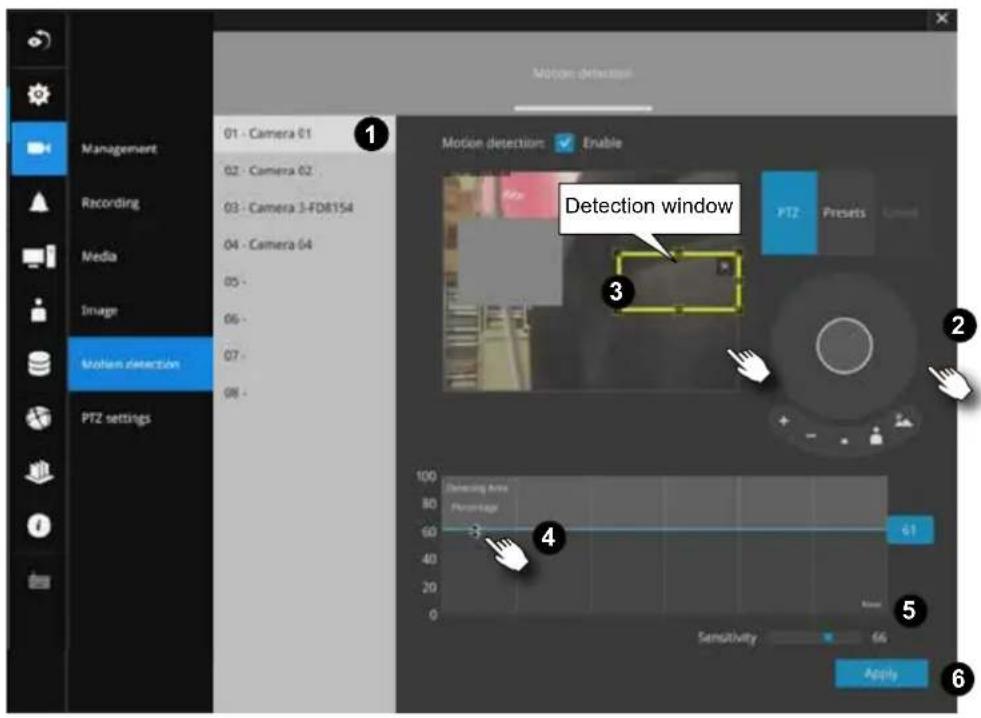 Motion detection Management 01 - Camera 01 02 - Camera 02 03 - Camera 3-FD8154 04 - Camera 64 05 - 06 - 07 - 08 - PTZ settings Detection window Motion detection: Enable FT2 Presets Cancel 100 Detecting area Percentage 61 Sensitivity Apply