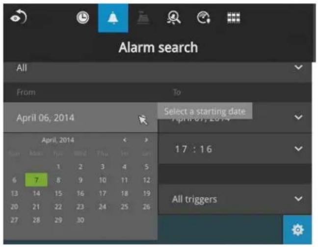 Alarm search All From To April 06, 2014 Select a starting date April 07, 2014 April, 2014 17 : 16 All triggers