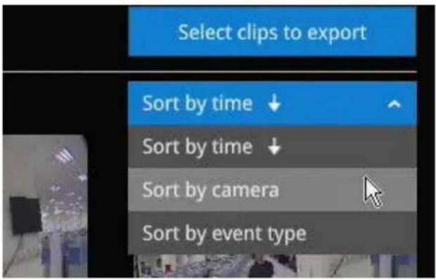 Select clips to export Sort by time ↓ Sort by time ↓ Sort by camera Sort by event type