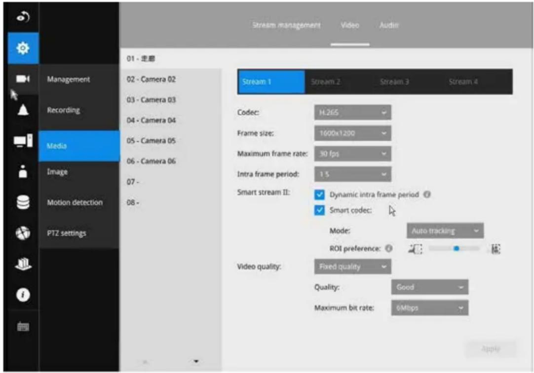 Stream management Video Audir 01 - 走廓 Management 02 - Camera 02 03 - Camera 03 04 - Camera 04 Media 05 - Camera 05 06 - Camera 06 07 - Motion detection 08 - PTZ settings Stream 1 Stream 2 Stream 3 Stream 4 Codec: H.265 Frame size: 1600x1200 Maximum frame rate: 30 fps Intra frame period: 1.5 Smart stream II: ✓ Dynamic intra frame period ? ✓ Smart codec: Mode: Auto tracking ROI preference: Video quality: Fixed quality Quality: Good Maximum bit rate: 6Mbps Apply