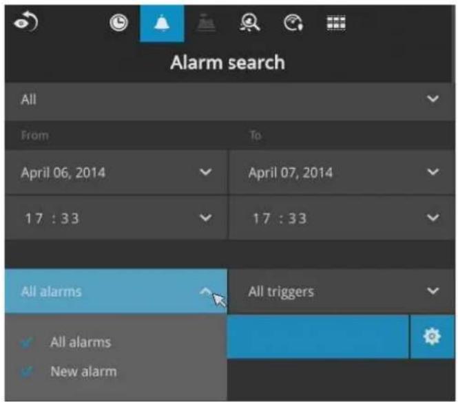 Alarm search All From To April 06, 2014 April 07, 2014 17 : 33 17 : 33 All alarms All triggers ✓ All alarms ✓ New alarm
