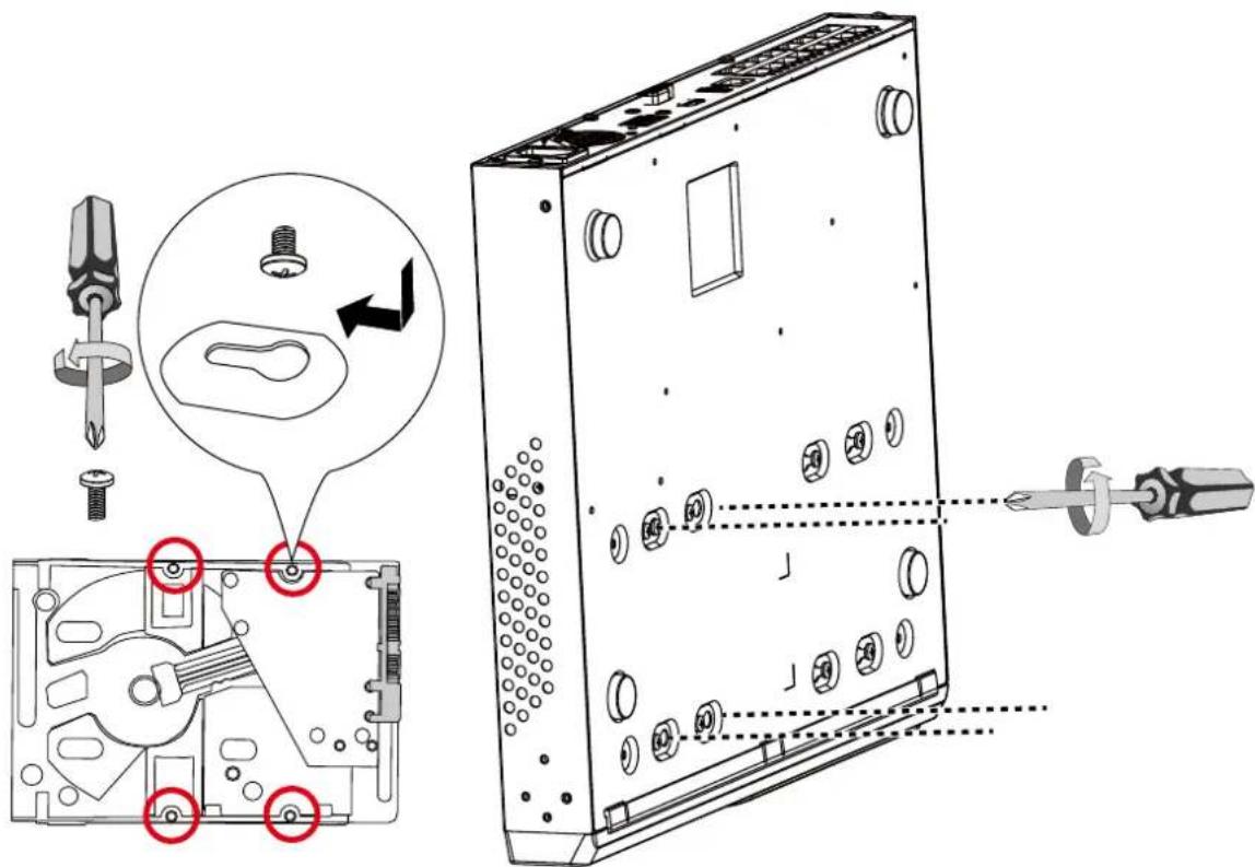 Technical diagram showing assembly of a computer drive with screwdriver and internal components, including labeled parts and directional arrows.
