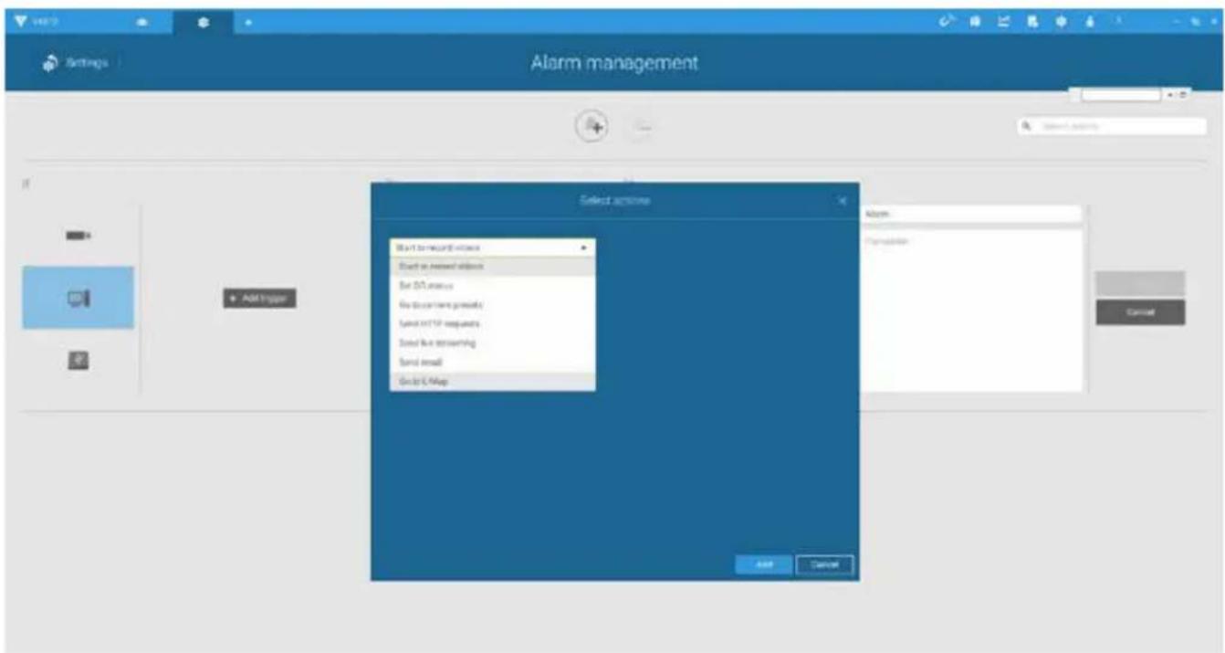 Settings Alarm management Select actions Start to record volume Start to review volume Set SQL status For to perform provider Select HTTP request Send live screening Send email Send E-Mail Add Cancel Alarm Authentication Cancel