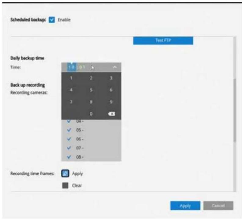 Scheduled backup: Enable Test FTP Daily backup time Time: 13 07 Back up recording Recording cameras: 1 2 3 4 5 6 7 8 9 0 ✓ 04 - ✓ 05 - ✓ 06 - ✓ 07 - ✓ 08 - Recording time frames: Apply Clear Apply Cancel