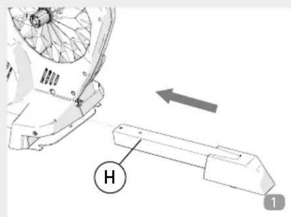 Technical diagram showing a mechanical assembly with labeled component H and directional arrow