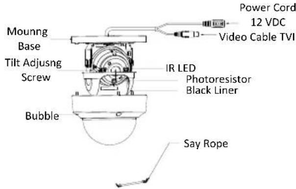 Mouning Base Tilt Adjusting Screw Bubble Power Cord 12 VDC Video Cable TVI IR LED Photoresistor Black Liner Say Rope