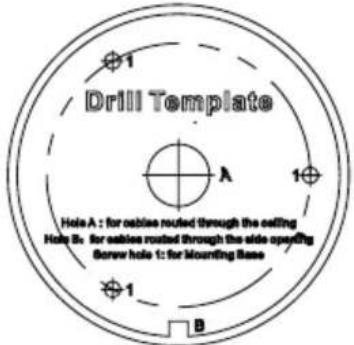 Drill Template Hole A: for cable routed through the ceiling Hole B: for cables routed through the side opening Screw hole 1: for Mounting Base