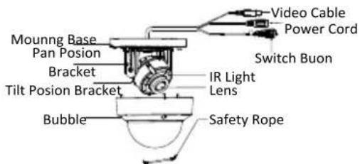 Mouning Base Pan Posion Bracket Tilt Posion Bracket Bubble Video Cable Power Cord Switch Buon IR Light Lens Safety Rope