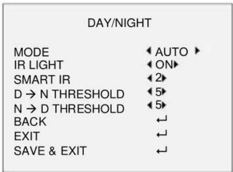 DAY/NIGHT MODE ◀ AUTO ▶ IR LIGHT ◀ ON▶ SMART IR ◀ 2▶ D → N THRESHOLD ◀ 5▶ N → D THRESHOLD ◀ 5▶ BACK ← EXIT ← SAVE & EXIT ←