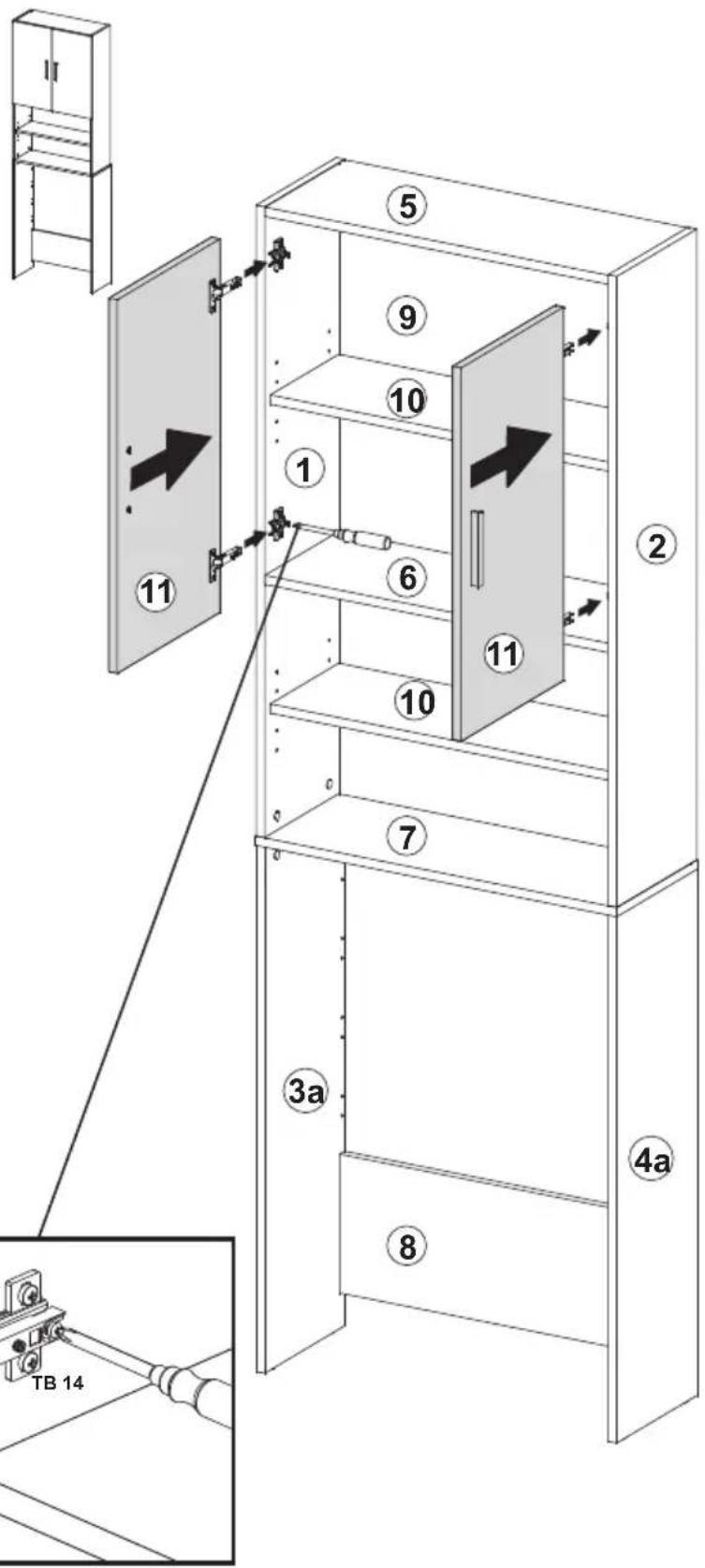 Technical diagram of a multi-level cabinet with numbered components and directional arrows indicating assembly or movement.