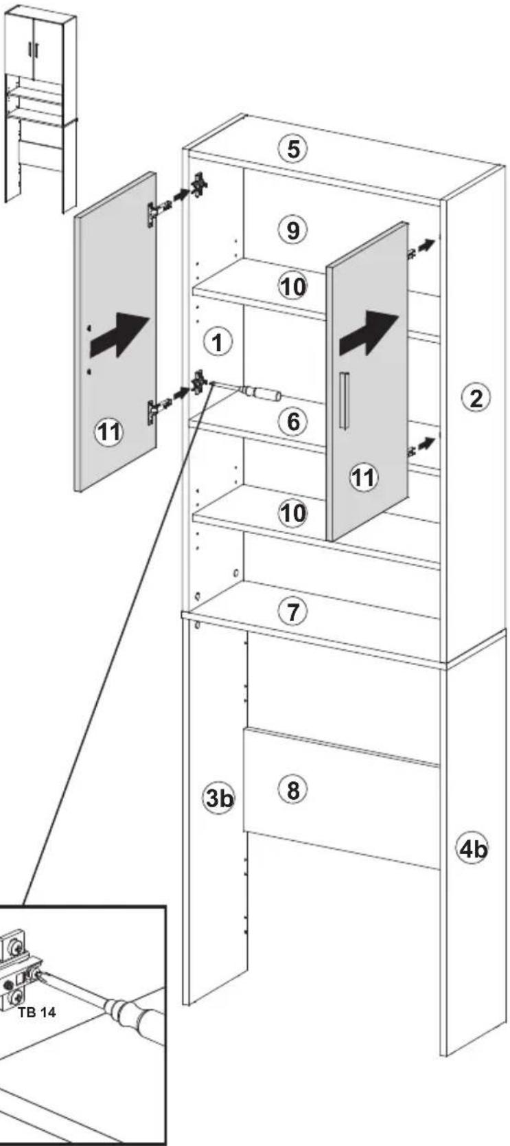 Technical diagram of a multi-level cabinet with numbered components and directional arrows indicating assembly or movement.