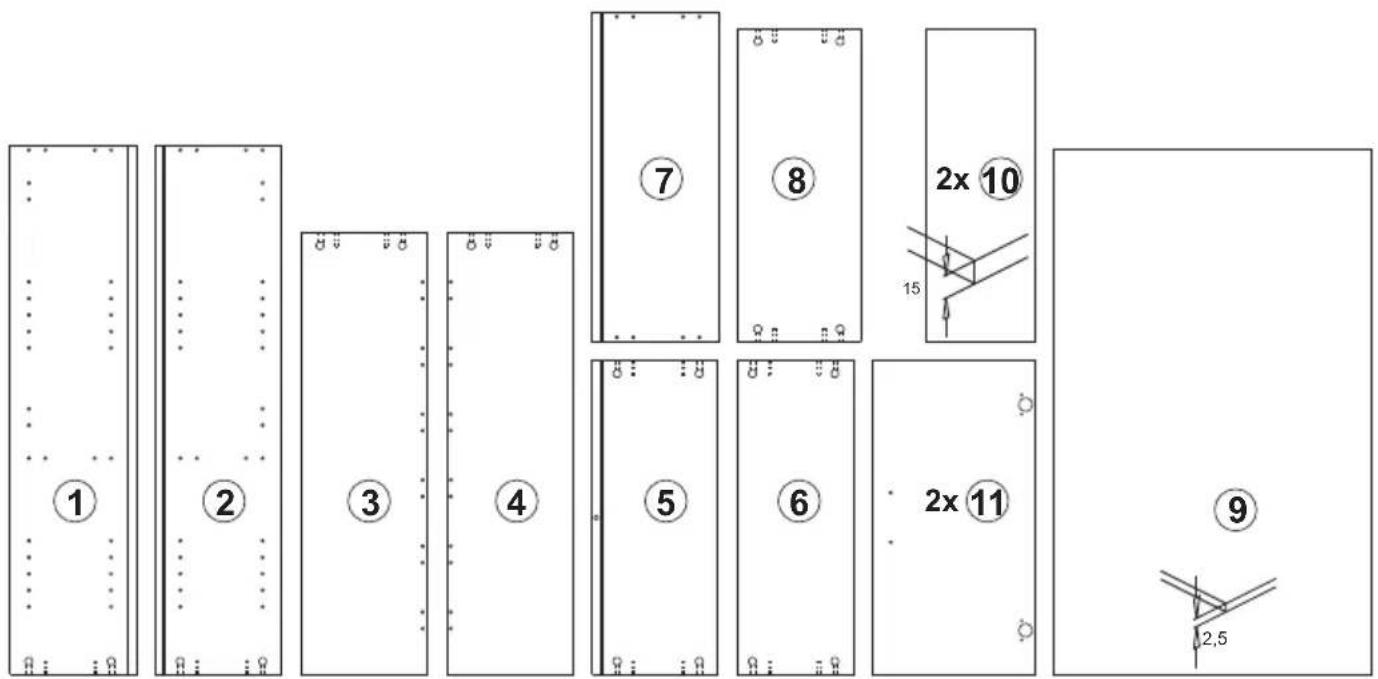 Diagram showing nine labeled rectangular panels with numbered annotations and a 2x10 scale indicator, likely illustrating a technical or engineering layout.