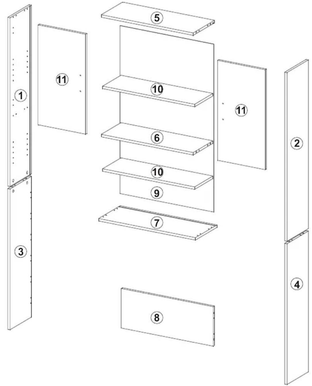 Diagram of a multi-level storage or shelf arrangement system with numbered compartments and structural elements.