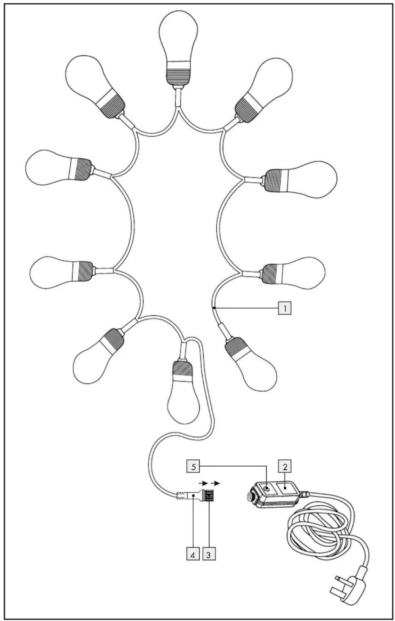Diagram of a multi-pin electrical connector with labeled parts including bulbs, wires, and a power plug.