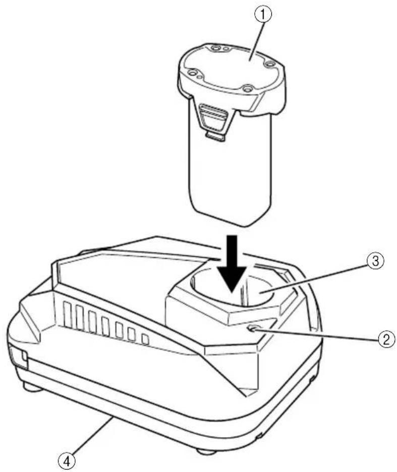 Technical diagram of a device with numbered parts, showing a mechanical assembly and a downward arrow indicating a process or operation.