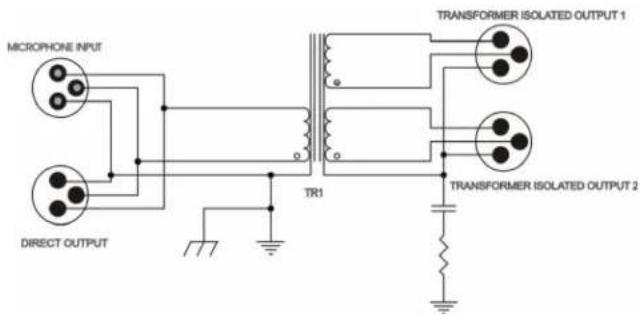 MICROPHONE INPUT DIRECT OUTPUT TR1 TRANSFORMER ISOLATED OUTPUT 1 TRANSFORMER ISOLATED OUTPUT 2