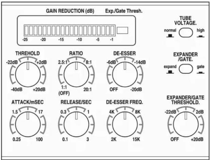 GAIN REDUCTION (dB) Exp./Gate Thresh. -25 -20 -15 -10 -5 -1 TUBE VOLTAGE. normal high THRESHOLD RATIO DE-ESSER EXPANDER /GATE. -22dB +2dB 2.5:1 8:1 -6dB -14dB -40dB +20dB 1:1 20:1 OFF OFF -20dB ATTACK/mSEC RELEASE/SEC DE-ESSER FREQ. EXPANDER/GATE THRESHOLD. 1.5 17 0.3 1 4K 8K 0.25 100 0.1 3 2K 15K OFF +20dB