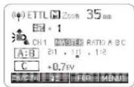 (●) ETTL ☑ 200m 35mm 图 + 1 CH1 AVESER RATIO A:8C A:B 2:1 , 1:1 , 1:2 C +0.7FV FCA-700 2-1 FEC MENU
