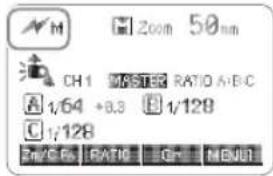 M Zoom 50nm CH1 MASTER RATIO A+B/C A 1/64 +8.3 B 1/128 C 1/128 RATIO G MENU