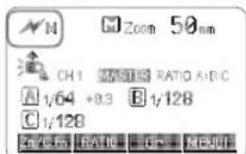 N Zoom 50 nm CH1 MISTIG RATIO A:8/C A 1/64 +8.3 B 1/128 C 1/128 R/C Ratio Or MENU
