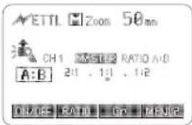 ETTL Zoom 50mm CH1 METER RATIO A:B A:B 2:1 . 1:1 . 1:2 OUTR B RATE Go MANIP