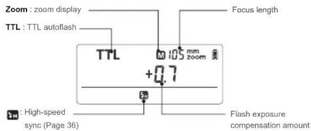 Zoom : zoom display TTL : TTL autoflash TTL M 105 mm zoom +0.7 Focus length High-speed sync (Page 36) Flash exposure compensation amount