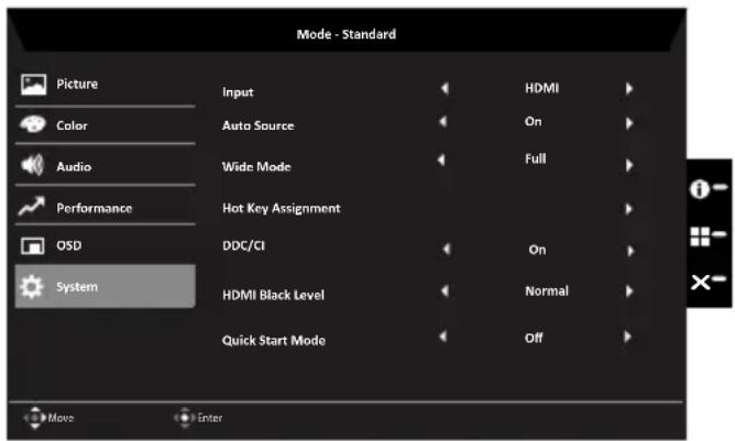 Mode - Standard Picture Color Audio Performance OSD System Input Auto Source Wide Mode Hot Key Assignment DDC/CI HDMI Black Level Quick Start Mode HDMI On Full On Normal Off Move Enter