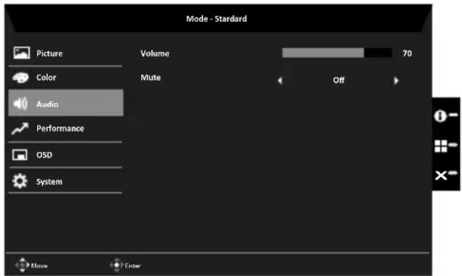 Mode - Standard Picture Volume 70 Color Mute Off Audio Performance OSD System More Enter