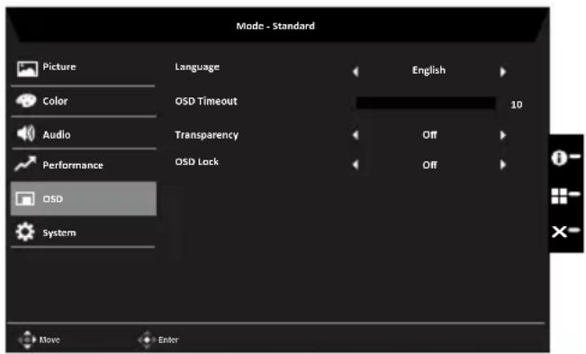 Mode - Standard Picture Color Audio Performance OSD System Language OSD Timeout Transparency OSD Lock English 10 Off Off Move Enter