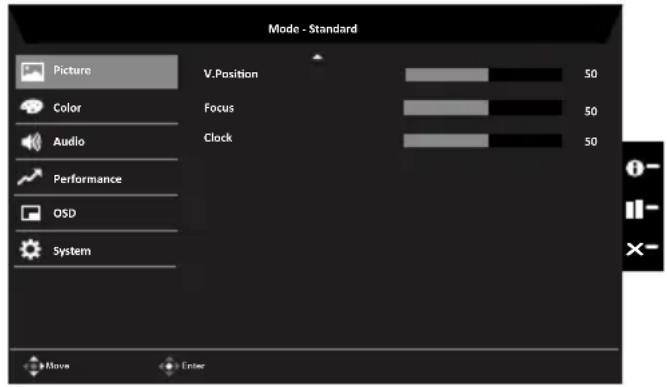 Mode - Standard Picture Color Audio Performance OSD System V.Position Focus Clock 50 50 50 Move Enter