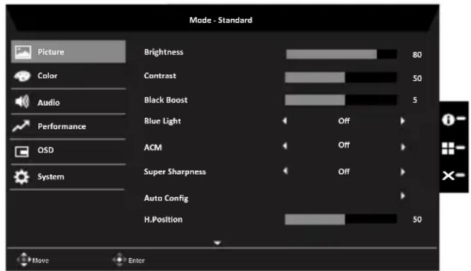 Mode - Standard Picture Color Audio Performance QSD System Brightness Contrast Black Boost Blue Light ACM Super Sharpness Auto Config H.Position 80 50 5 Off Off Off 50 Move Enter