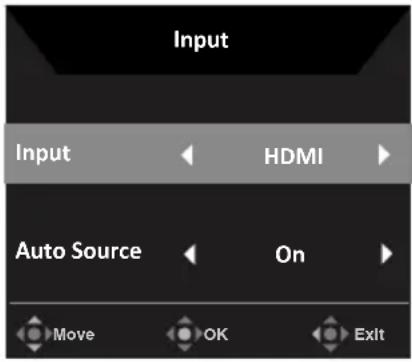 Input Input ↔ HDMI ► Auto Source ← On ► Move OK Exit