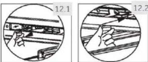 Two circular diagrams showing hand positioning of a server rack and a hand holding a device, both labeled with numerical values (12.1 and 12.2), no readable text or symbols beyond labels.