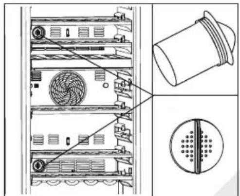 Technical diagram showing internal rack layout with fan, ventilation slots, and a close-up of a cylindrical component with labeled parts.
