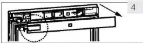 Diagram of a computer monitor with an open lid and cable, showing internal components and a dotted line indicating a section (no text or symbols present)