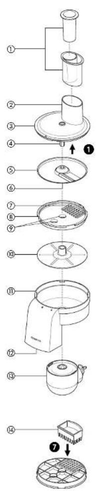 Exploded view diagram of a kitchen appliance with numbered parts for identification