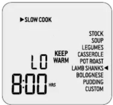 SLOW COOK LO 8:00 HRS KEEP WARM STOCK SOUP LEGUMES CASSEROLE POT ROAST LAMB SHANKS ◀ BOLOGNESE PUDDING CUSTOM